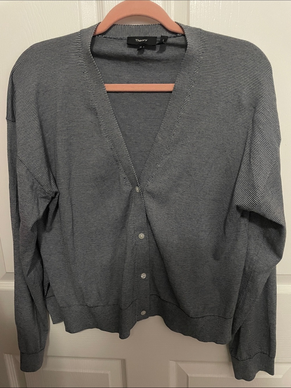 Theory Gray and White Striped Lightweight Button-Front Cardigan